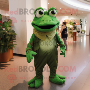 Forest Green Frog mascot costume character dressed with a Graphic Tee and Gloves