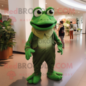 Forest Green Frog mascot costume character dressed with a Graphic Tee and Gloves