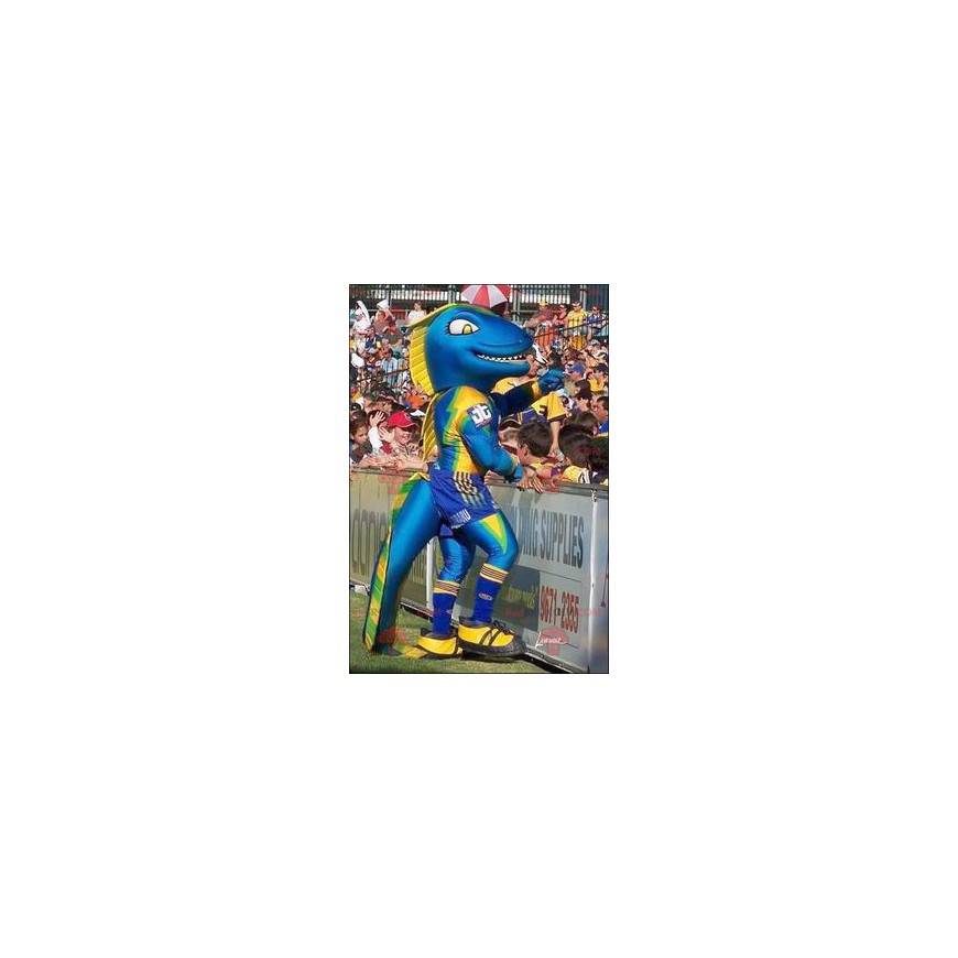 Mascote dinossauro azul amarelo e verde - Redbrokoly.com