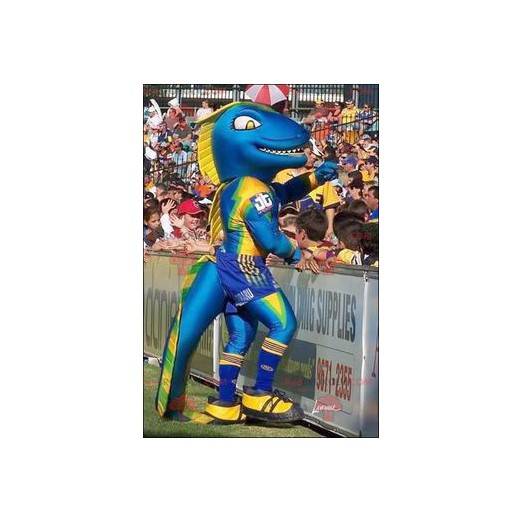 Blaues gelbes und grünes Dinosauriermaskottchen - Redbrokoly.com