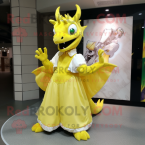 Lemon Yellow Dragon mascot costume character dressed with a Ball Gown and Scarf clips