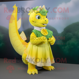 Lemon Yellow Dragon mascot costume character dressed with a Ball Gown and Scarf clips