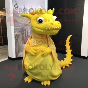Lemon Yellow Dragon mascot costume character dressed with a Ball Gown and Scarf clips