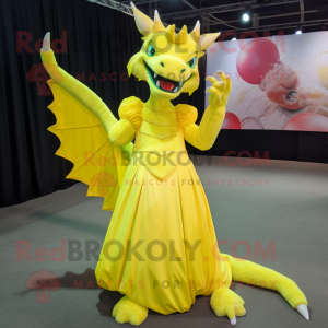 Lemon Yellow Dragon mascot costume character dressed with a Ball Gown and Scarf clips
