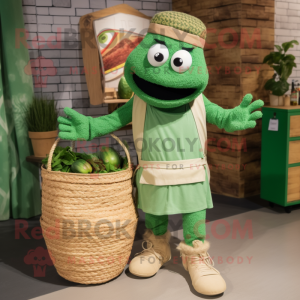 Green Jambalaya mascot costume character dressed with a Cargo Shorts and Wraps
