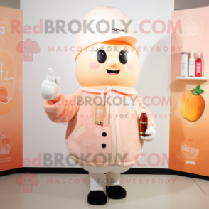 Peach Champagne mascot costume character dressed with a Cardigan and Mittens