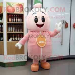 Peach Champagne mascot costume character dressed with a Cardigan and Mittens