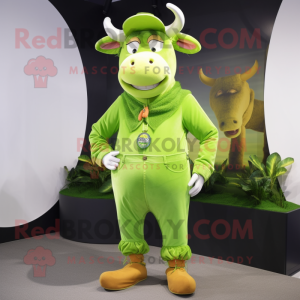 Lime Green Zebu mascot costume character dressed with a Corduroy Pants and Hairpins