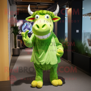 Lime Green Zebu mascot costume character dressed with a Corduroy Pants and Hairpins