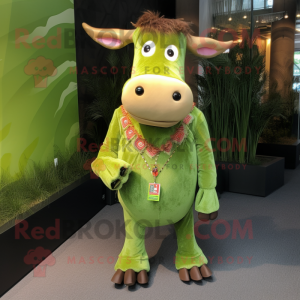 Lime Green Zebu mascot costume character dressed with a Corduroy Pants and Hairpins