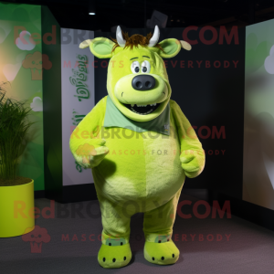 Lime Green Zebu mascot costume character dressed with a Corduroy Pants and Hairpins