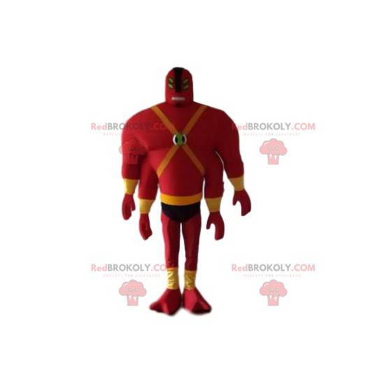 Uomo mascotte in rosso con quattro braccia e quattro occhi -