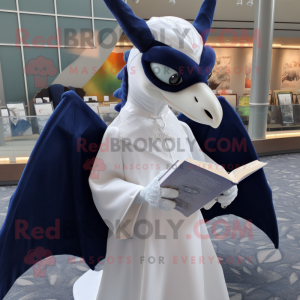 Navy Pterodactyl mascot costume character dressed with a Wedding Dress and Reading glasses