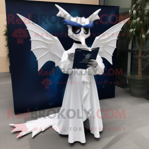 Navy Pterodactyl mascot costume character dressed with a Wedding Dress and Reading glasses