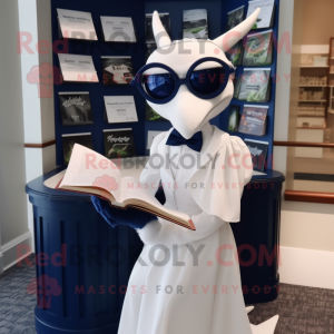 Navy Pterodactyl mascot costume character dressed with a Wedding Dress and Reading glasses