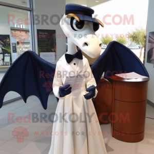 Navy Pterodactyl mascot costume character dressed with a Wedding Dress and Reading glasses