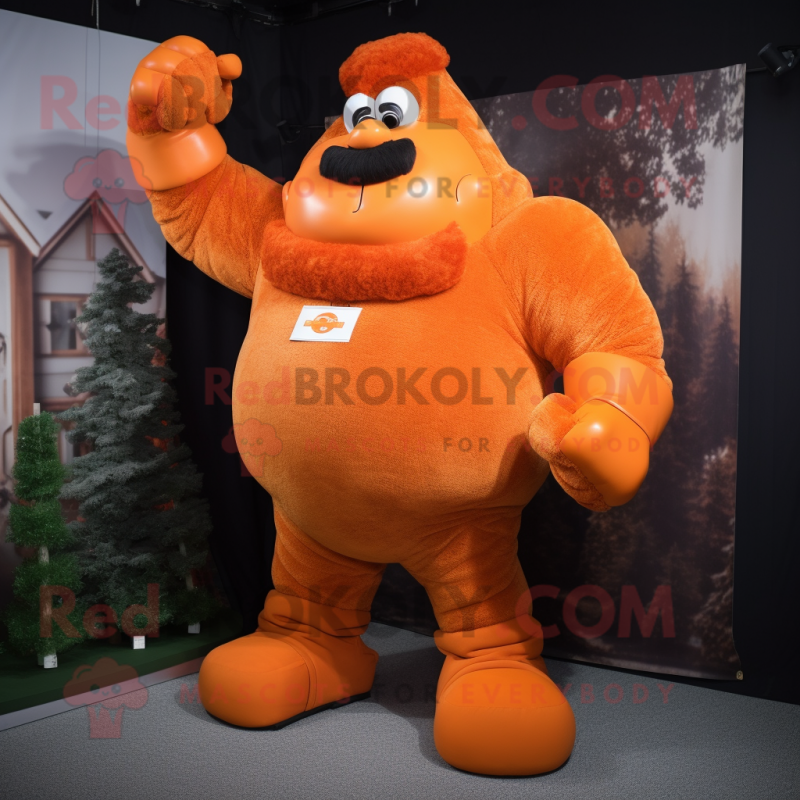 Orange Strongman mascot costume character dressed with a Sweater and Earrings Orange Strongman mascot costume character dressed with a Sweater and Earrings
