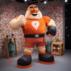 Orange Strongman mascot costume character dressed with a Sweater and Earrings