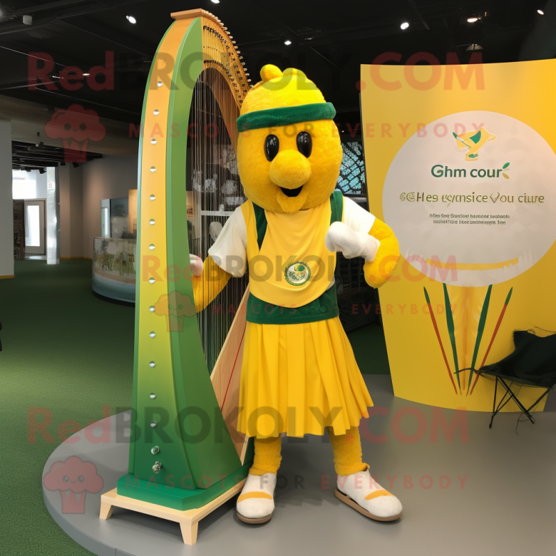 Yellow Celtic Harp mascot costume character dressed with a T-Shirt and Suspenders Yellow Celtic Harp mascot costume character dressed with a T-Shirt and Suspenders