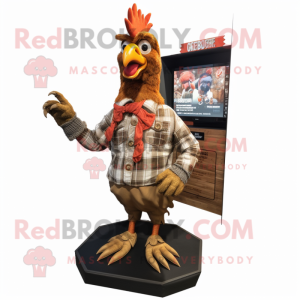 Brown Rooster mascot costume character dressed with a Button-Up Shirt and Hairpins