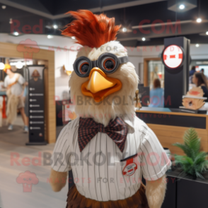 Brown Rooster mascot costume character dressed with a Button-Up Shirt and Hairpins