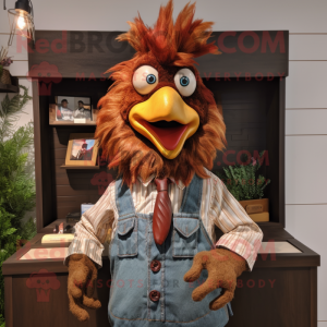 Brown Rooster mascot costume character dressed with a Button-Up Shirt and Hairpins