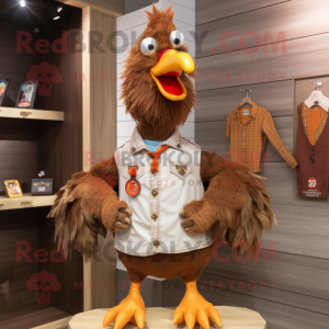 Brown Rooster mascot costume character dressed with a Button-Up Shirt and Hairpins
