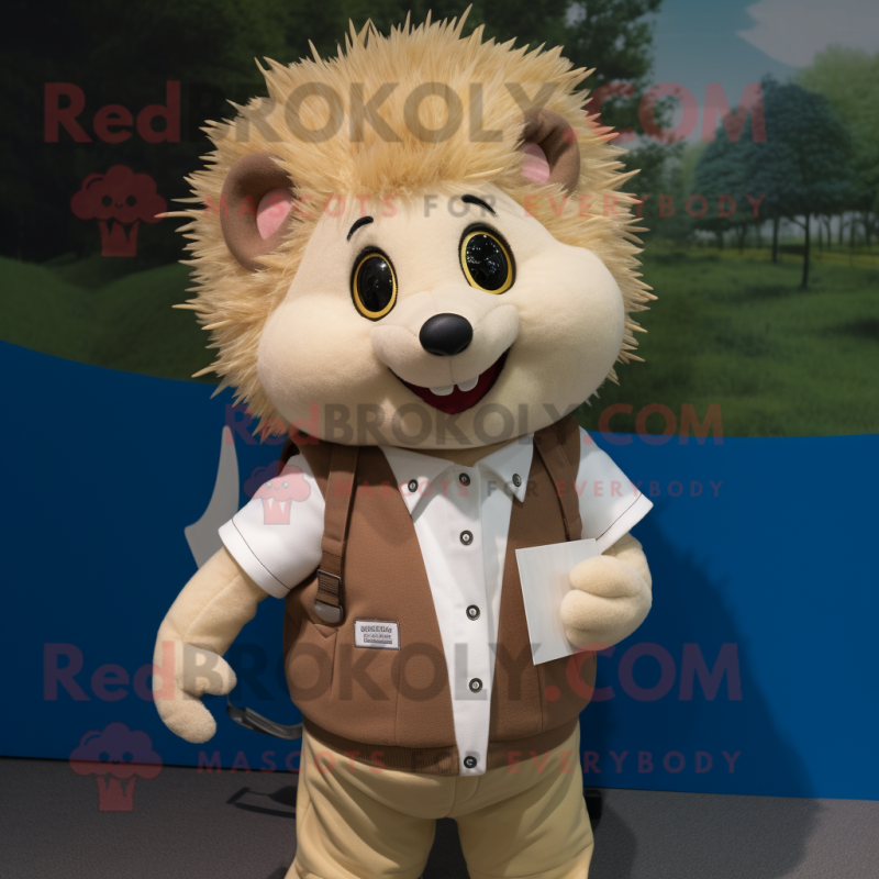 Tan Hedgehog mascot costume character dressed with a Windbreaker and Suspenders Tan Hedgehog mascot costume character dressed with a Windbreaker and Suspenders