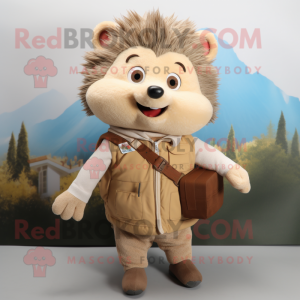 Tan Hedgehog mascot costume character dressed with a Windbreaker and Suspenders