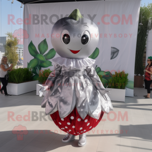Silver Strawberry mascot costume character dressed with a Blouse and Handbags