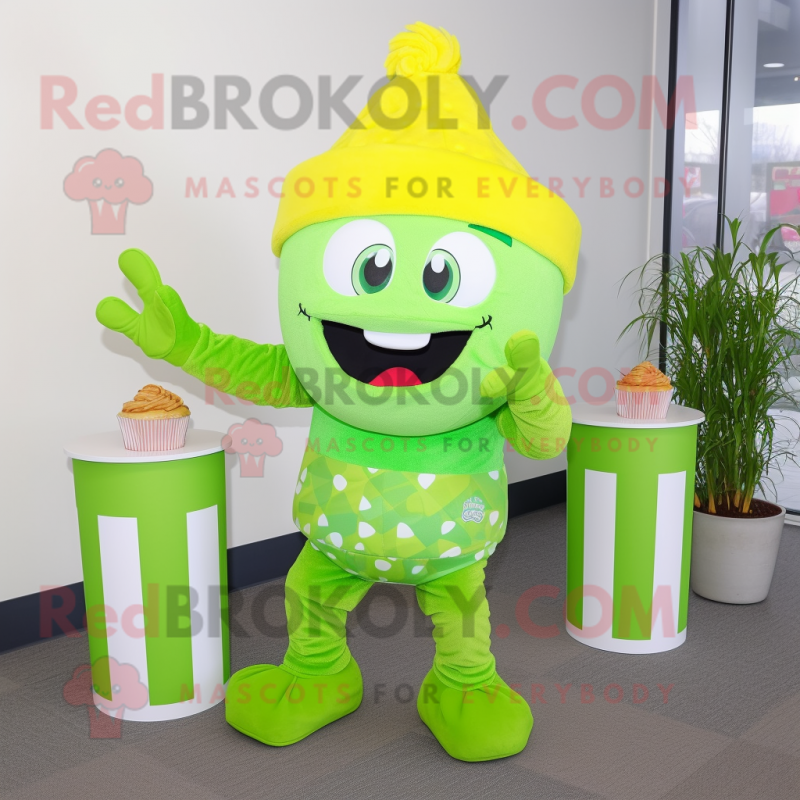 Lime Green Cupcake mascot costume character dressed with a Capri Pants and Beanies