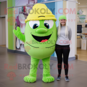 Lime Green Cupcake mascot costume character dressed with a Capri Pants and Beanies