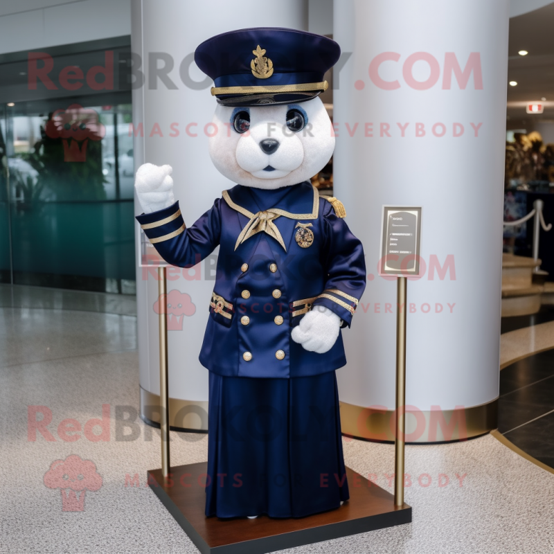 Navy Hourglass mascot costume character dressed with a A-Line Skirt and Brooches