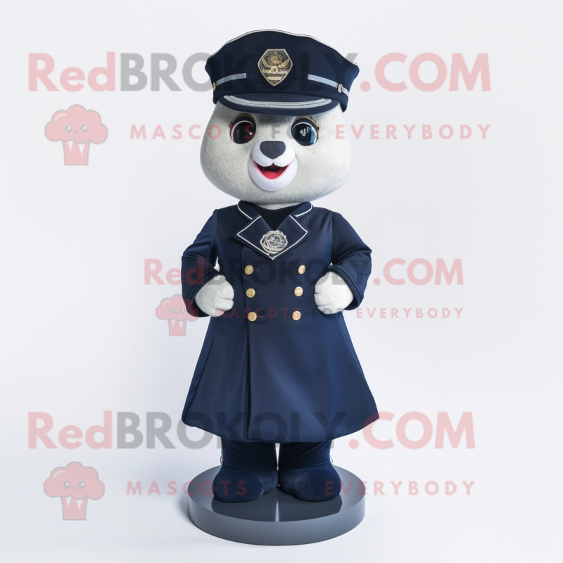 Navy Hourglass mascot costume character dressed with a A-Line Skirt and Brooches Navy Hourglass mascot costume character dressed with a A-Line Skirt and Brooches