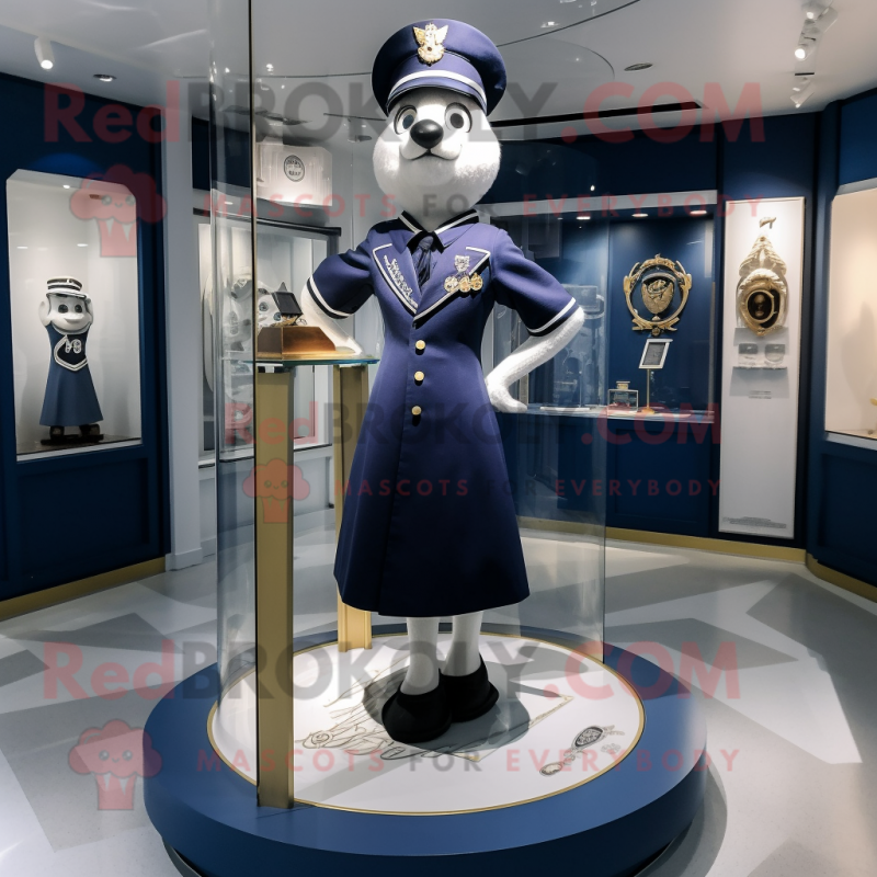 Navy Hourglass mascot costume character dressed with a A-Line Skirt and Brooches Navy Hourglass mascot costume character dressed with a A-Line Skirt and Brooches