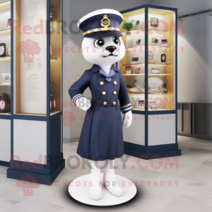 Navy Hourglass mascot costume character dressed with a A-Line Skirt and Brooches