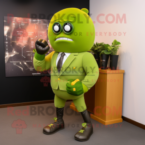 Olive Boxing Glove mascot costume character dressed with a Suit Jacket and Digital watches