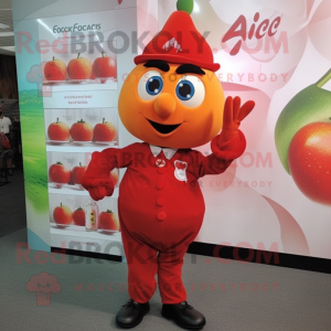 Red Apricot mascot costume character dressed with a Chinos and Earrings