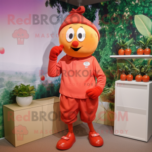 Red Apricot mascot costume character dressed with a Chinos and Earrings