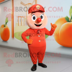 Red Apricot mascot costume character dressed with a Chinos and Earrings