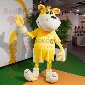 Lemon Yellow Jersey Cow mascot costume character dressed with a Playsuit and Shoe clips