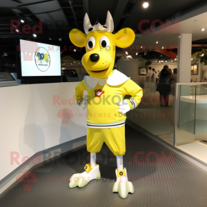 Lemon Yellow Jersey Cow mascot costume character dressed with a Playsuit and Shoe clips
