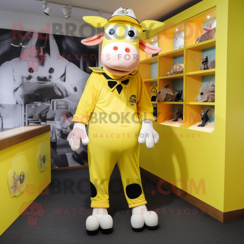 Lemon Yellow Jersey Cow mascot costume character dressed with a Playsuit and Shoe clips