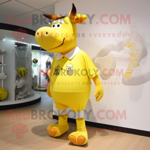 Lemon Yellow Jersey Cow mascot costume character dressed with a Playsuit and Shoe clips