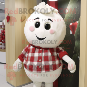 White Cherry mascot costume character dressed with a Flannel Shirt and Brooches