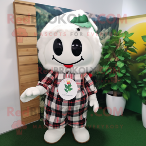 White Cherry mascot costume character dressed with a Flannel Shirt and Brooches