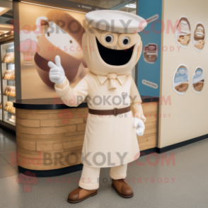 Cream Steak mascot costume character dressed with a Button-Up Shirt and Berets