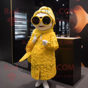 Yellow Cod mascot costume character dressed with a Wrap Dress and Sunglasses