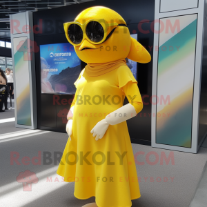 Yellow Cod mascot costume character dressed with a Wrap Dress and Sunglasses
