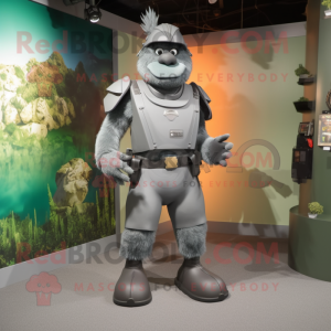 Gray Commando mascot costume character dressed with a Shift Dress and Anklets